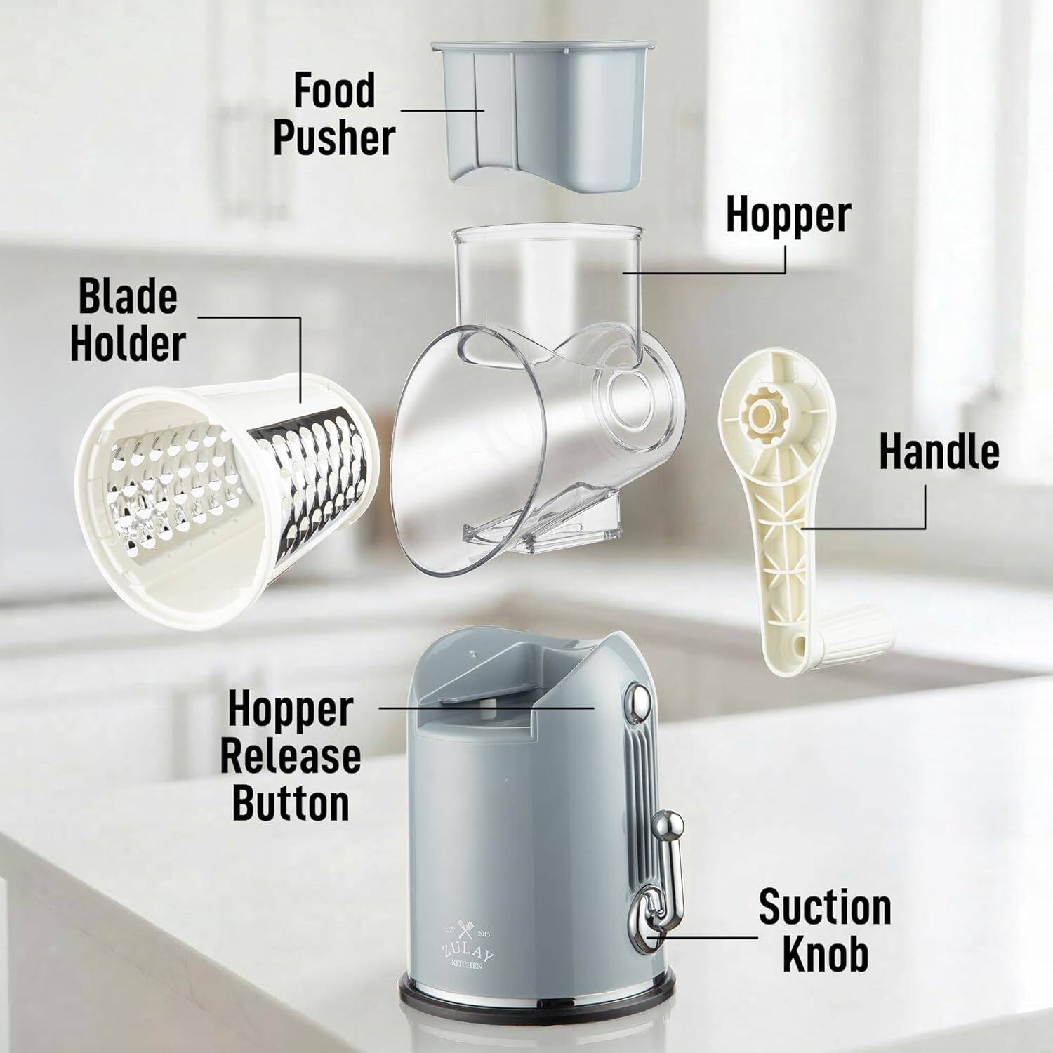 Blade Holder, Food Pusher, Hopper, Handle, Hopper Release Button, Suction Knob