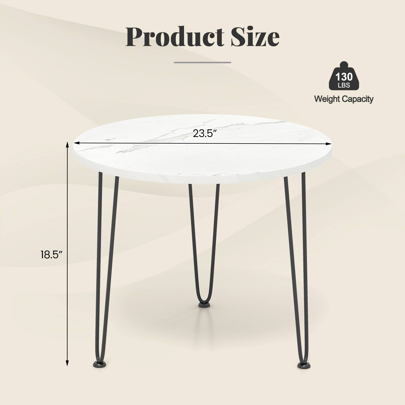Product Size  
Weight Capacity: 130 LBS  
Dimensions: 23.5" x 18.5"
