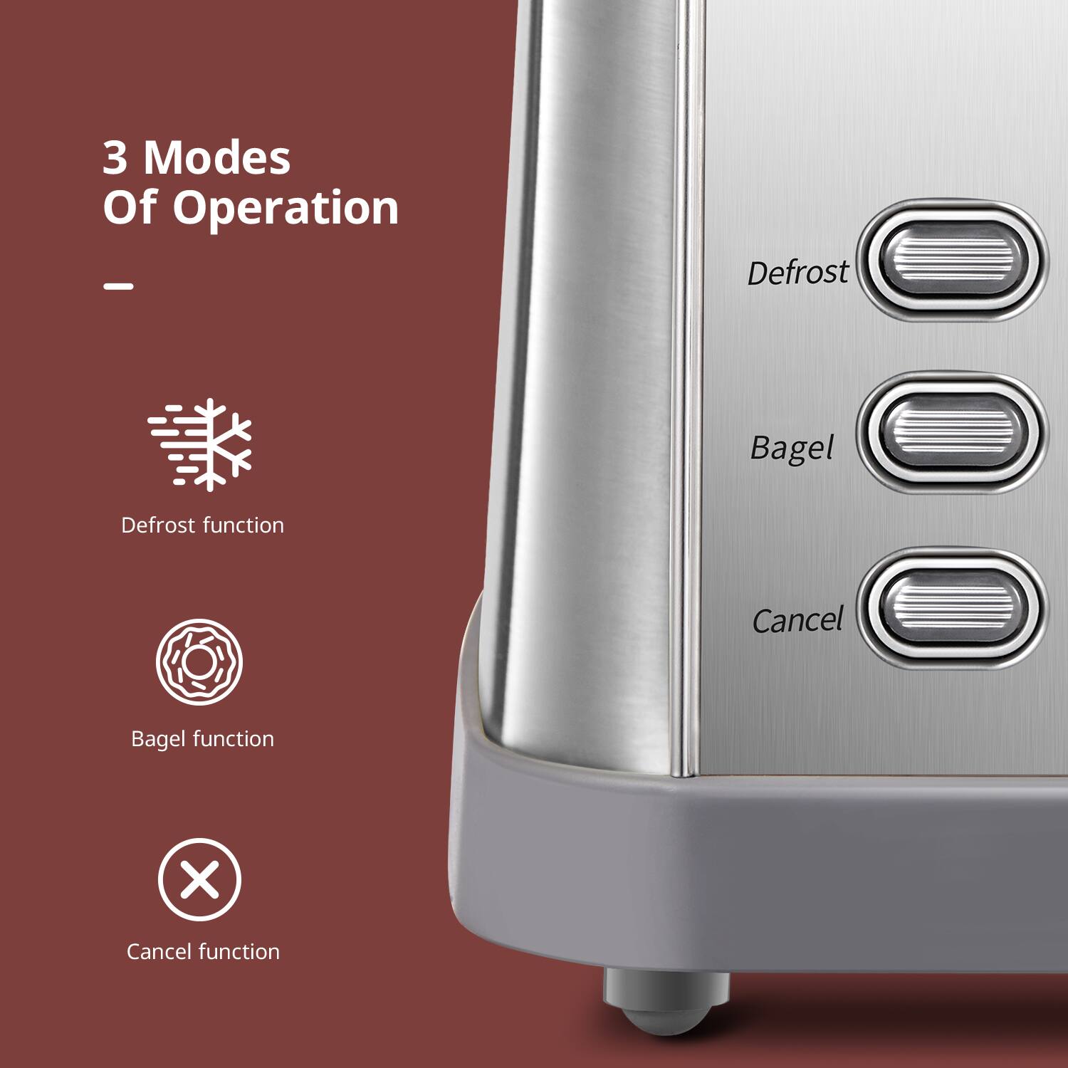 3 Modes Of Operation

- Defrost function
- Bagel function
- Cancel function