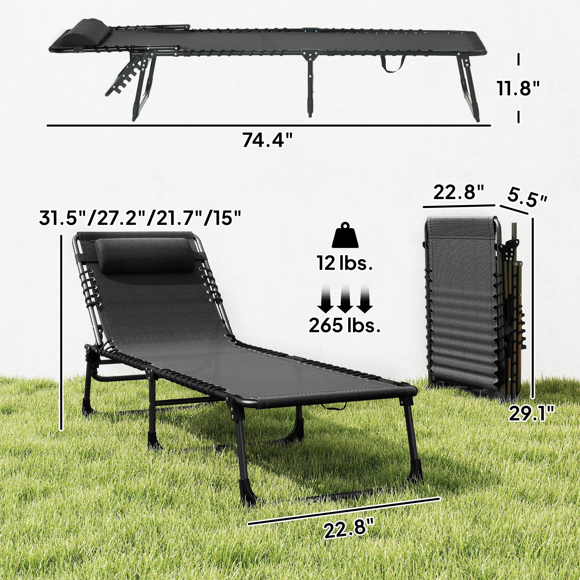 - Length: 74.4"
- Width: 22.8"
- Height: 11.8"
- Seat Height: 5.5"
- Seat Depth: 22.8"
- Backrest Height: 29.1"
- Weight Capacity: 265 lbs.
- Weight: 12 lbs.
- Folded Dimensions: 31.5" / 27.2" / 21.7" / 15"
