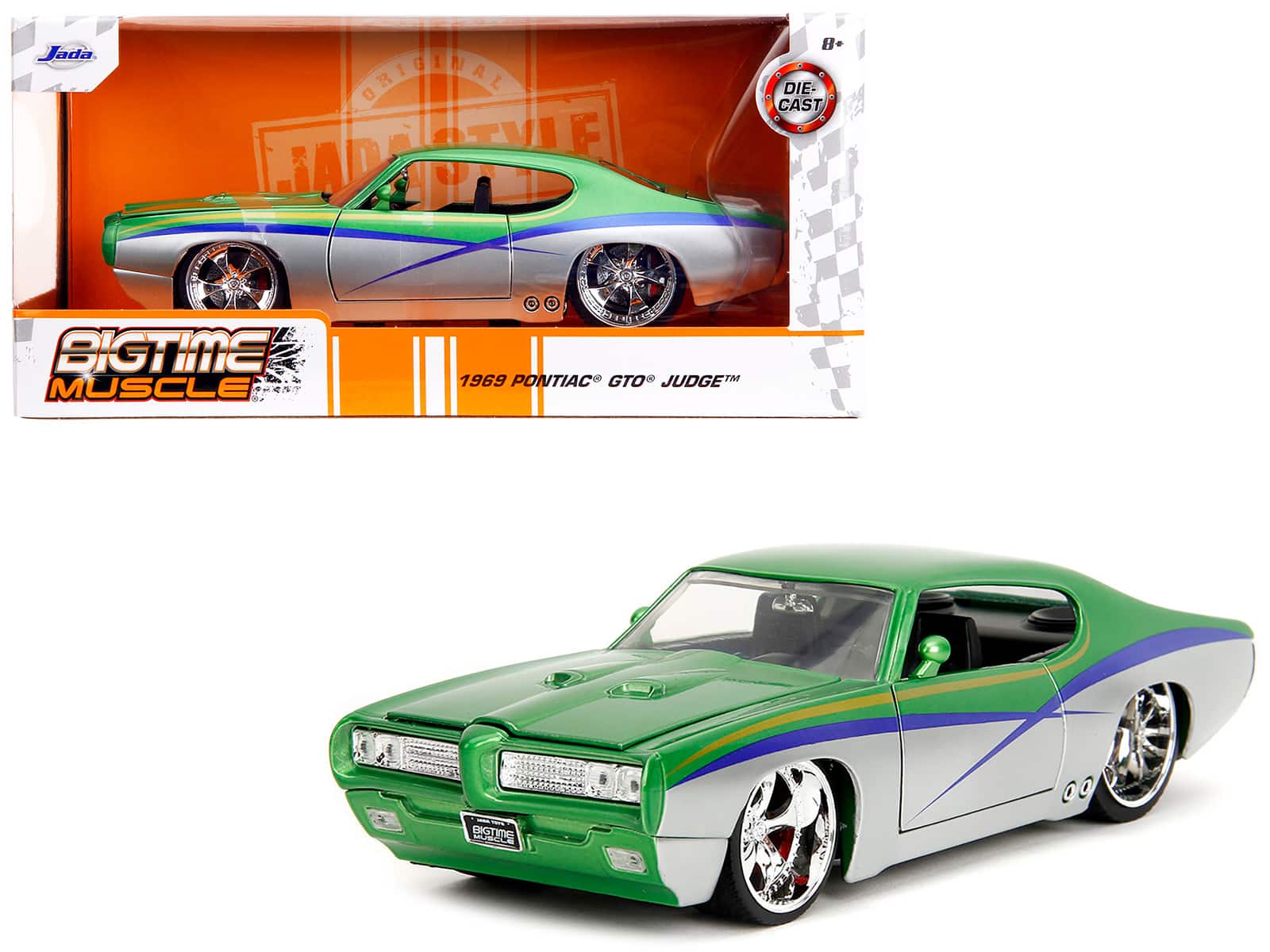 "1969 Pontiac GTO Judge Green Metallic and Silver with Stripes ""Bigtime Muscle"" Series 1/24 Diecast Model Car by Jada" price history on PriceWatchPro