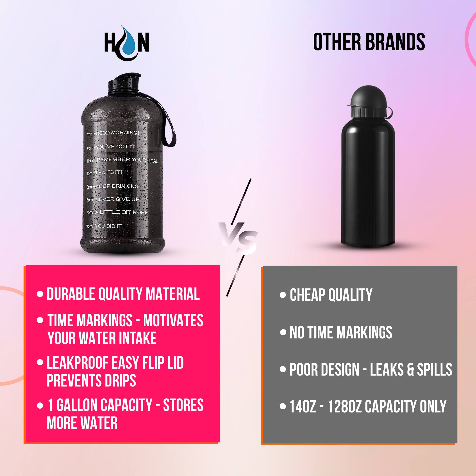 **H N**

**GOOD MORNING!**

**YOU'VE GOT IT**

**REMEMBER YOUR GOAL**

**THAT'S IT!**

**KEEP DRINKING**

**NEVER GIVE UP**

**A LITTLE BIT MORE**

**YOU DID IT!**

---

**DURABLE QUALITY MATERIAL**

**TIME MARKINGS - MOTIVATES YOUR WATER INTAKE**

**LEAKPROOF EASY FLIP LID PREVENTS DRIPS**

**1 GALLON CAPACITY - STORES MORE WATER**

---

**OTHER BRANDS**

**CHEAP QUALITY**

**NO TIME MARKINGS**

**POOR DESIGN - LEAKS & SPILLS**

**140Z - 1280Z CAPACITY ONLY**