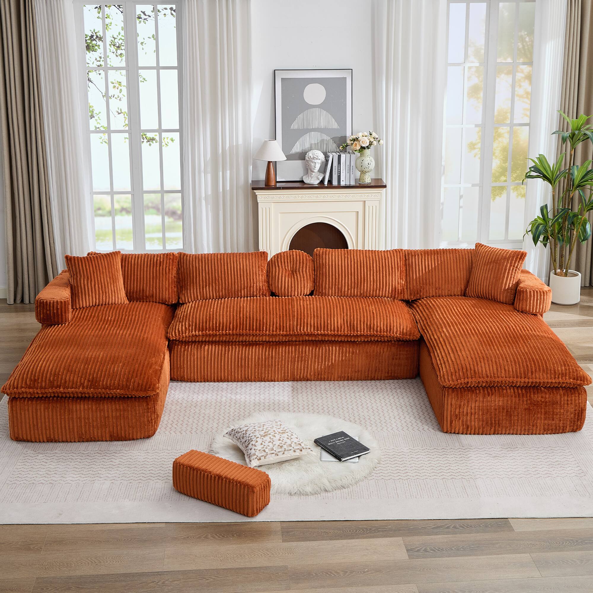 Angle. Anysun - 149" Oversized U-Shaped Sectional Sofa – Deep Seat, Side Pocket, Movable Armrests, Corduroy – No Assembly Required - Orange.
