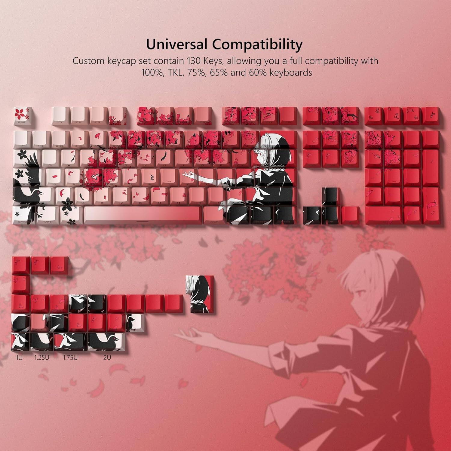 Universal Compatibility

Custom keycap set contains 130 Keys, allowing you a full compatibility with 100%, TKL, 75%, 65% and 60% keyboards