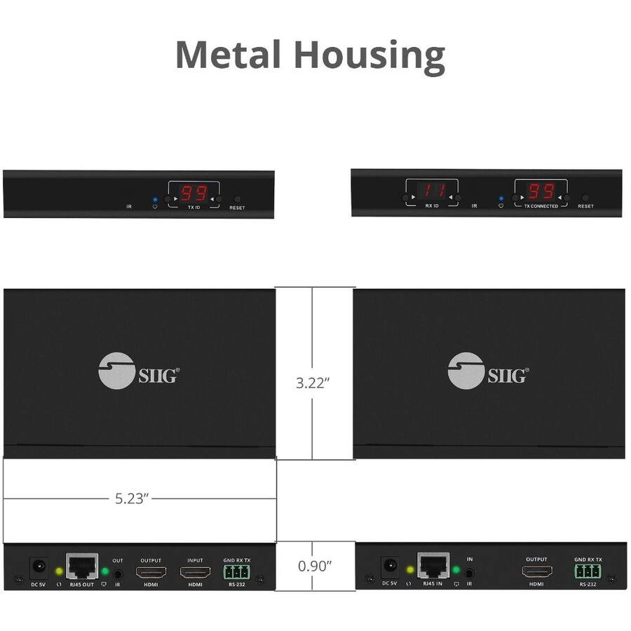 Metal Housing

- IN 99 TE - RESET / . ID - 99 TCOMEETIS RESET
- SIIG 3.22" SIIG 5.23"
- DC SV R24S
- OUTPUT HDMI
- INPUT
- GND RX TX
- DC 5V
- IR
- RS-232
- RX ID
- TX ID
- TX CONNECTED
- RESET
