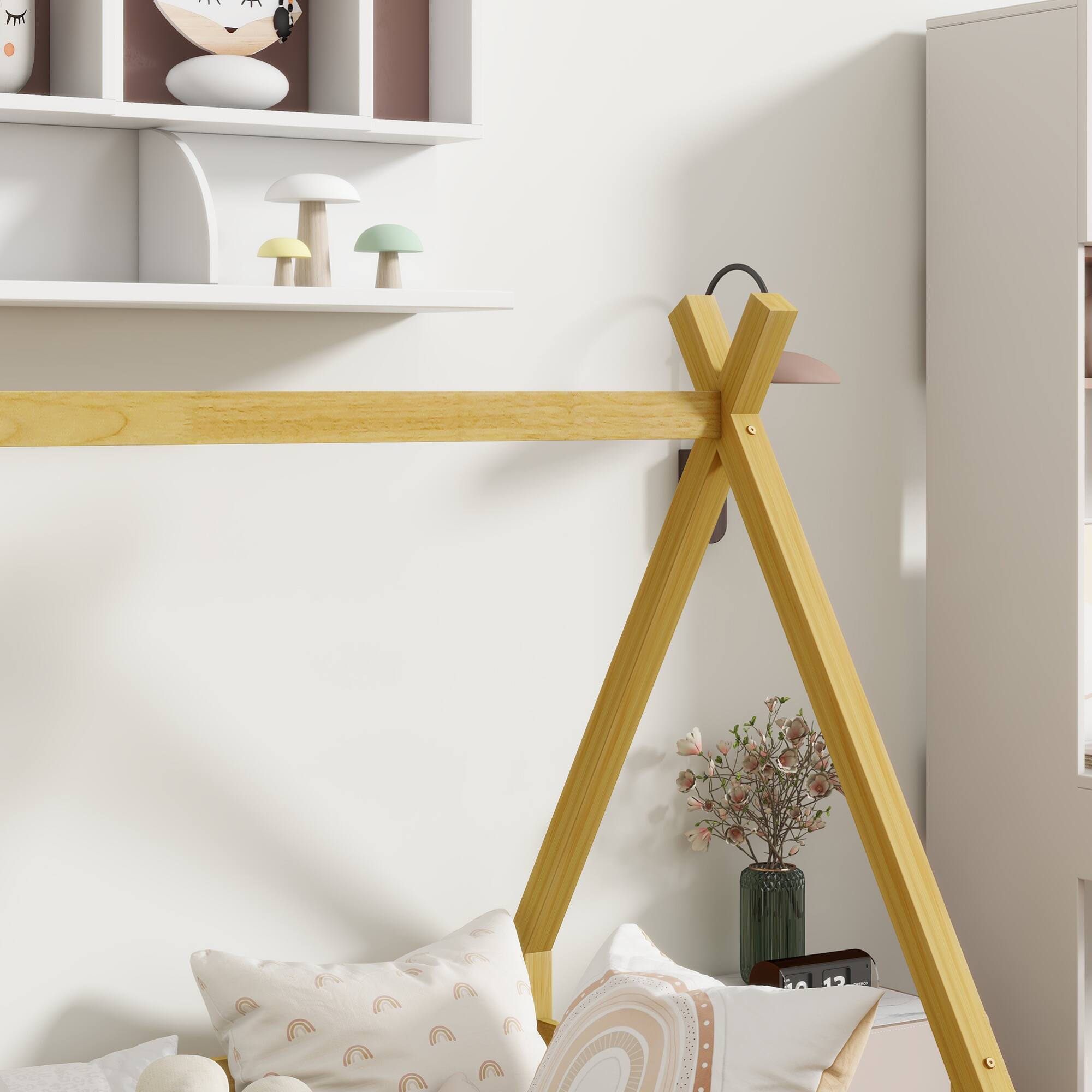 Alt View 8. GOODSILO - Twin-Size Tent-Shaped Low Profile Floor Bed with Safety Guardrails and Slatted Base - Natural.