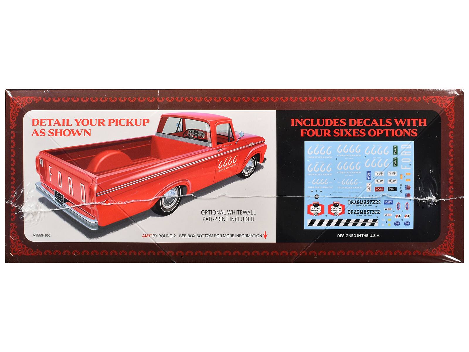 DETAIL YOUR PICKUP AS SHOWN  
FORD 1963

OPTIONAL WHITEWALL PAD-PRINT INCLUDED

INCLUDES DECALS WITH FOUR SIXES OPTIONS

2222 KMS-C 1000 WIGH DES FORD COLOR SIXES  
#385-42  
reve WIE BANCE 14384 TESTLE FOUR BOXER DECE 2222  
501870 ICE BIO RASEIF TOCK KID AND un SWAT DRAGMASTERS  
PRODUCES DRAGMASTERS C-2

A1559-100  
AMT BY ROUND - SEE BOX BOTTOM FOR MORE INFORMATION

DESIGNED IN THE U.S.A.