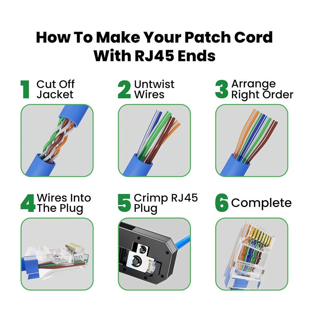 How To Make Your Patch Cord With RJ45 Ends

1. Cut Off Jacket
2. Untwist Wires
3. Arrange Right Order
4. Wires Into The Plug
5. Crimp RJ45 Plug
6. Complete