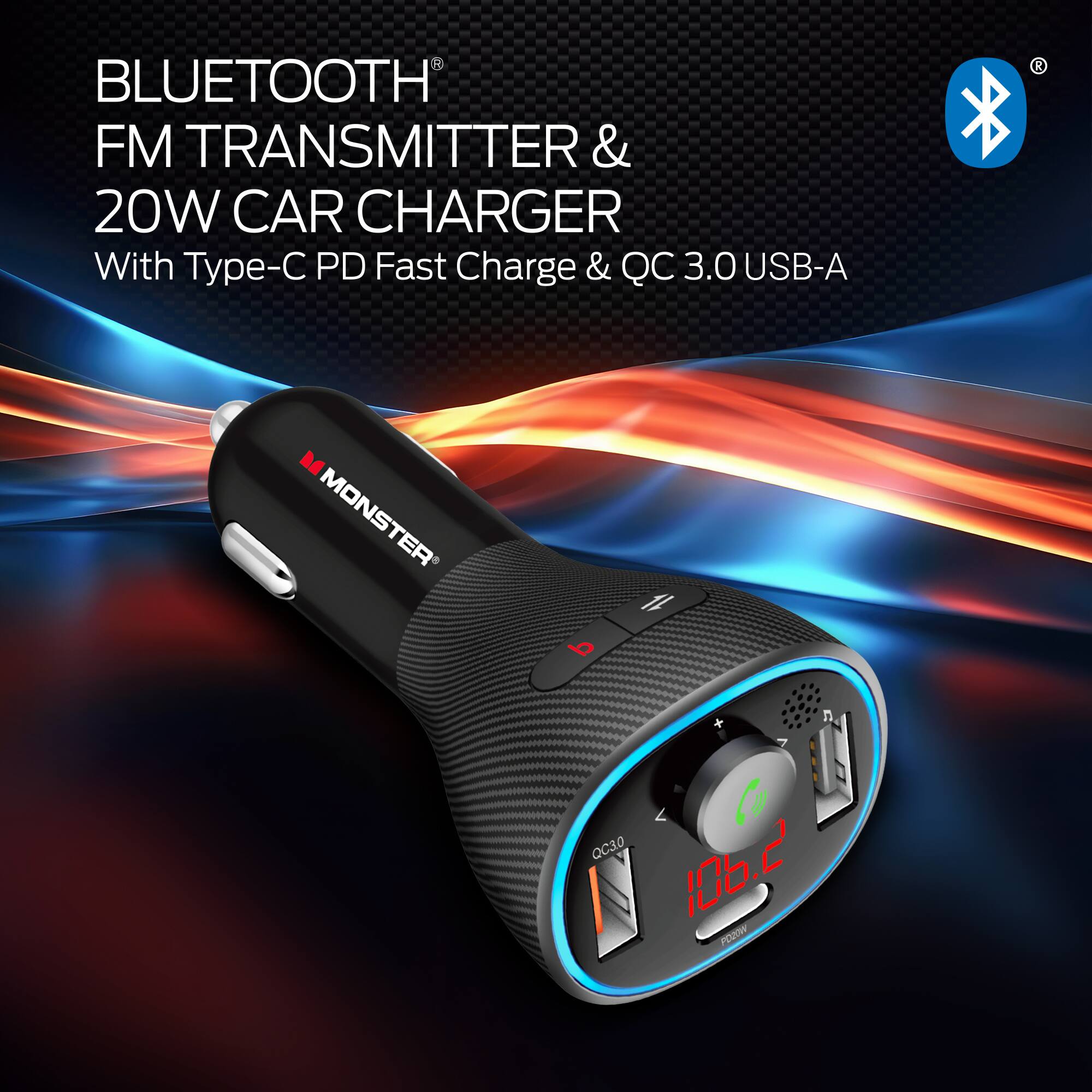 BLUETOOTH FM TRANSMITTER & 20W CAR CHARGER With Type-C PD Fast Charge & QC 3.0 USB-A