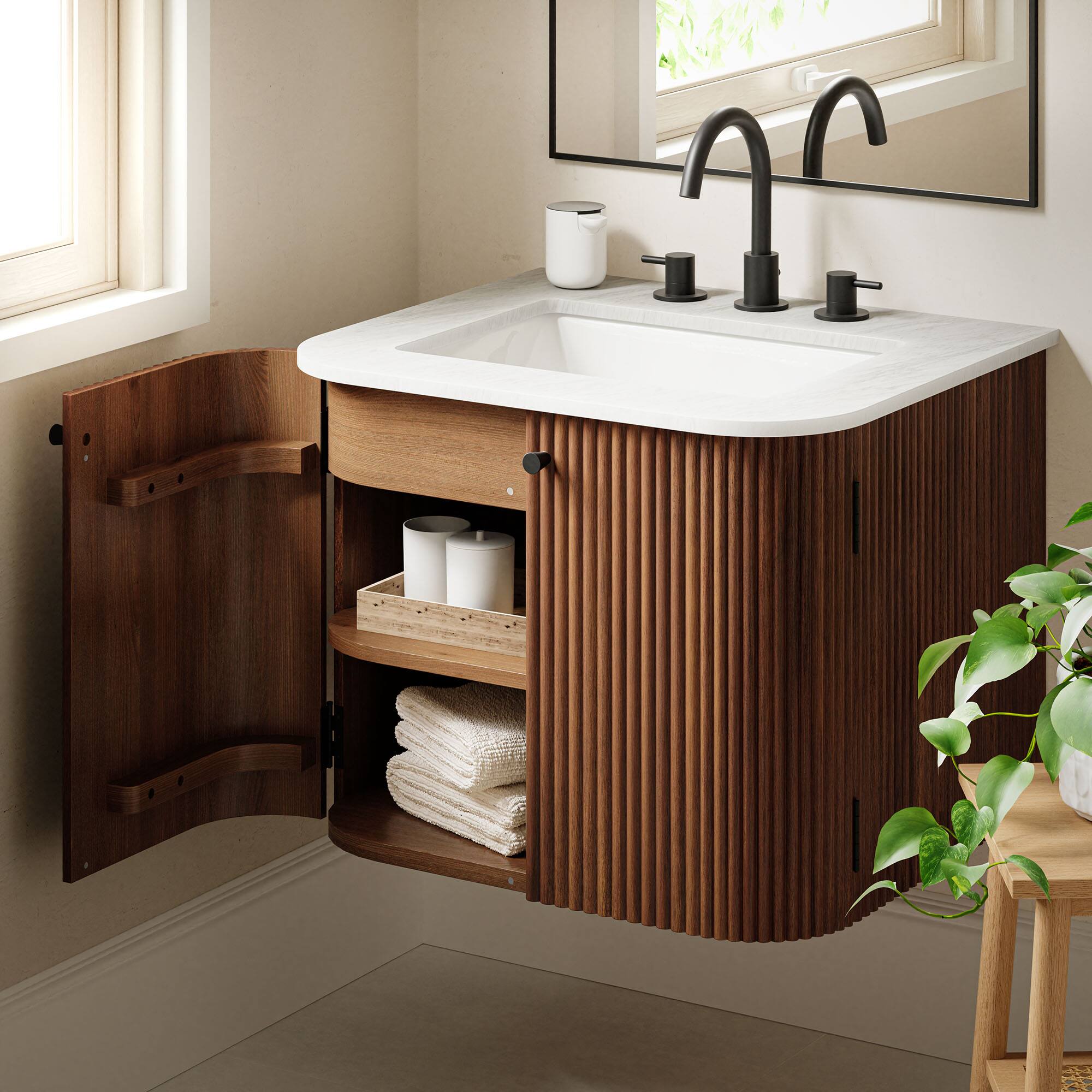 Alt View 1. Modway - Zia Wall-Mount Bathroom Vanity with Marble Sink by Modway - Walnut.