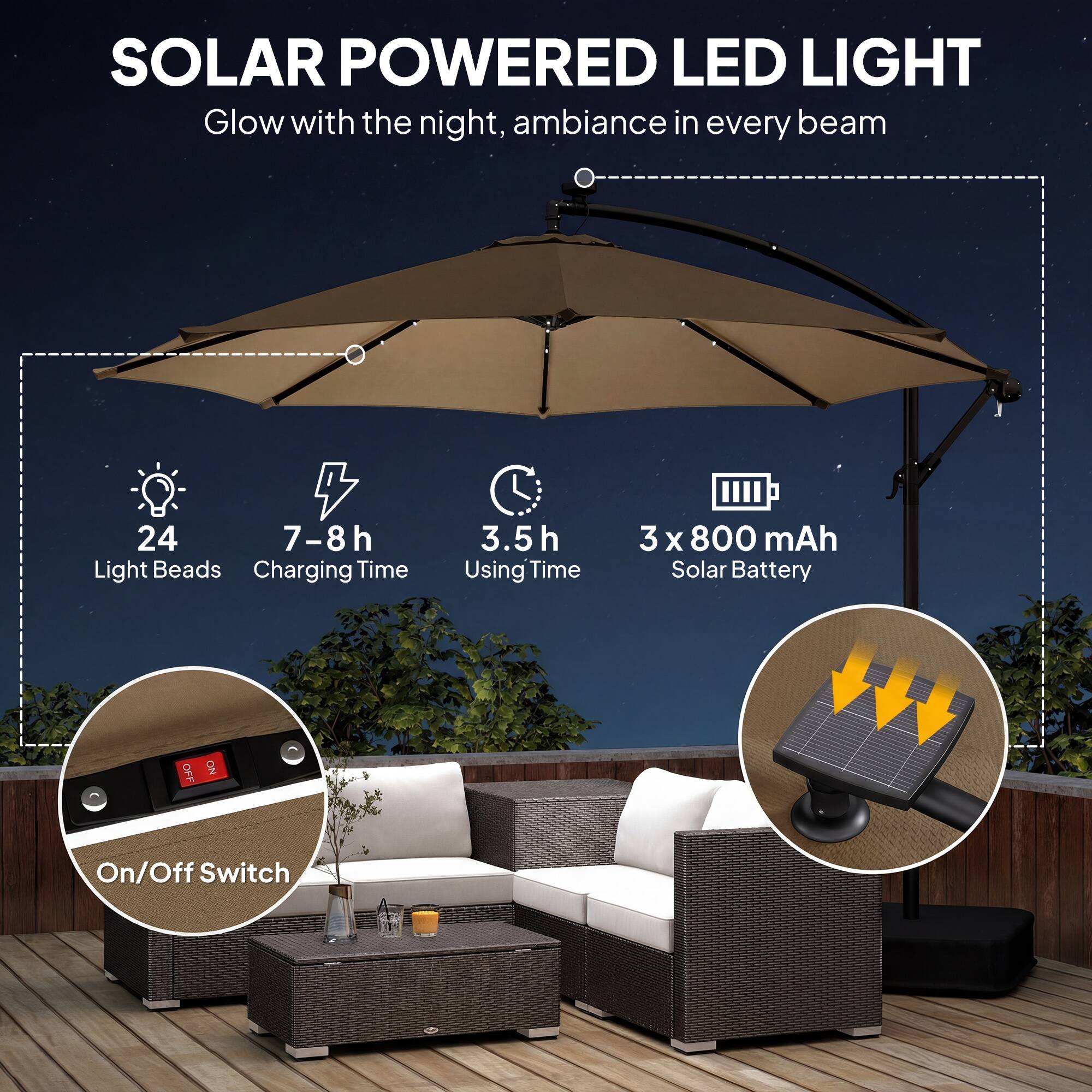 SOLAR POWERED LED LIGHT  
Glow with the night, ambiance in every beam  

- 24 Light Beads  
- 7-8h Charging Time  
- 3.5h Using Time  
- 3 x 800 mAh Solar Battery  
- On/Off Switch