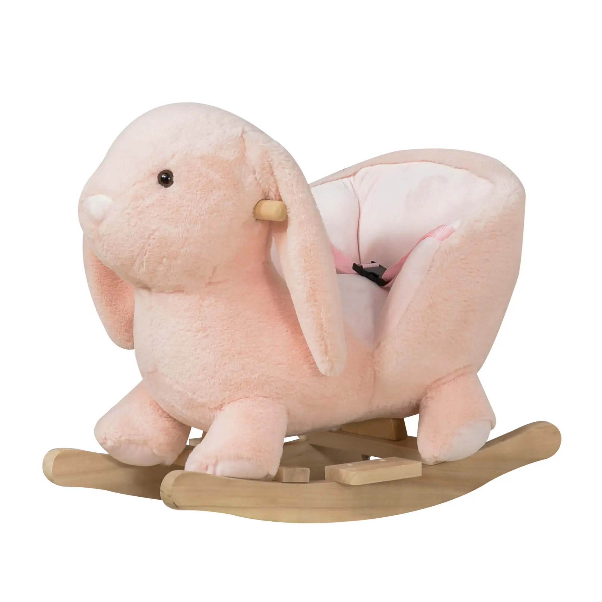 Angle. Whisen - Plush Rabbit Rocking Horse for Toddlers with Music,Safety Belt and Wood Base - Pink.