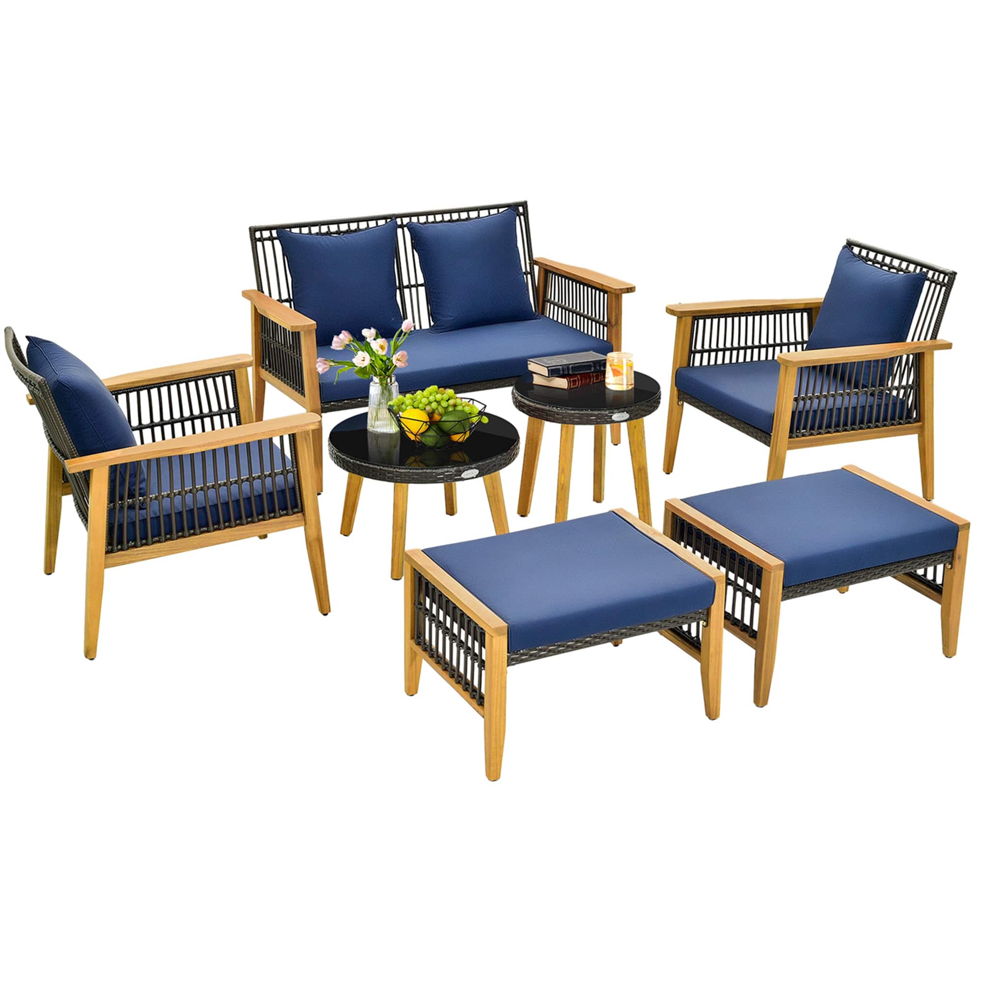 Costway - 7 Piece Conversation Set Rattan Woven Chair Set with 2 Coffee Tables & 2 Ottomans - Mix Brown,Navy price history on PriceWatchPro