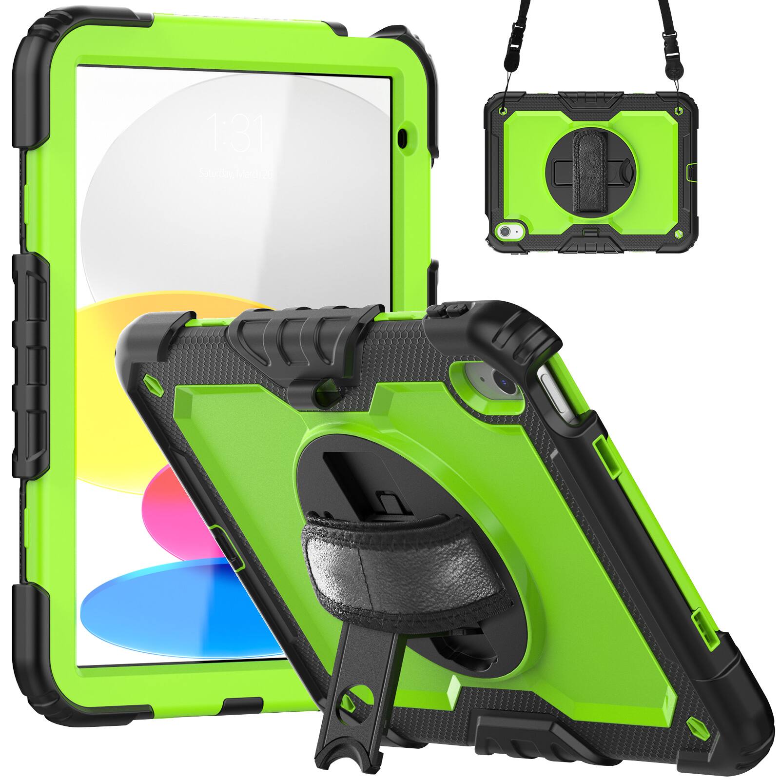 Angle. Dteck - For Apple iPad 11"(A16 chip 2025)&iPad 10th 2022 Three-Layer Kickstand Shoulder Strap Case Built-in Screen Protector - Green+Black.