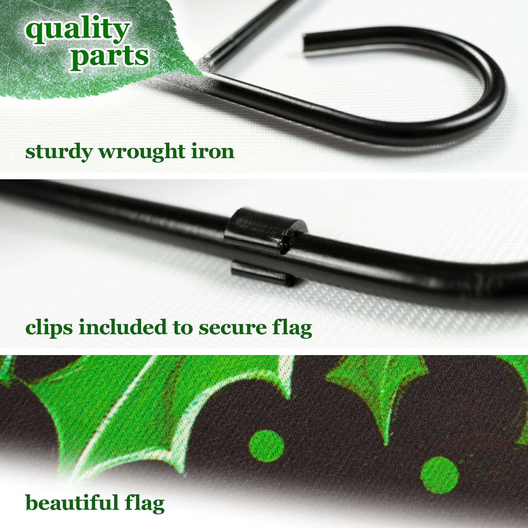 quality parts  
sturdy wrought iron  
clips included to secure flag  
beautiful flag