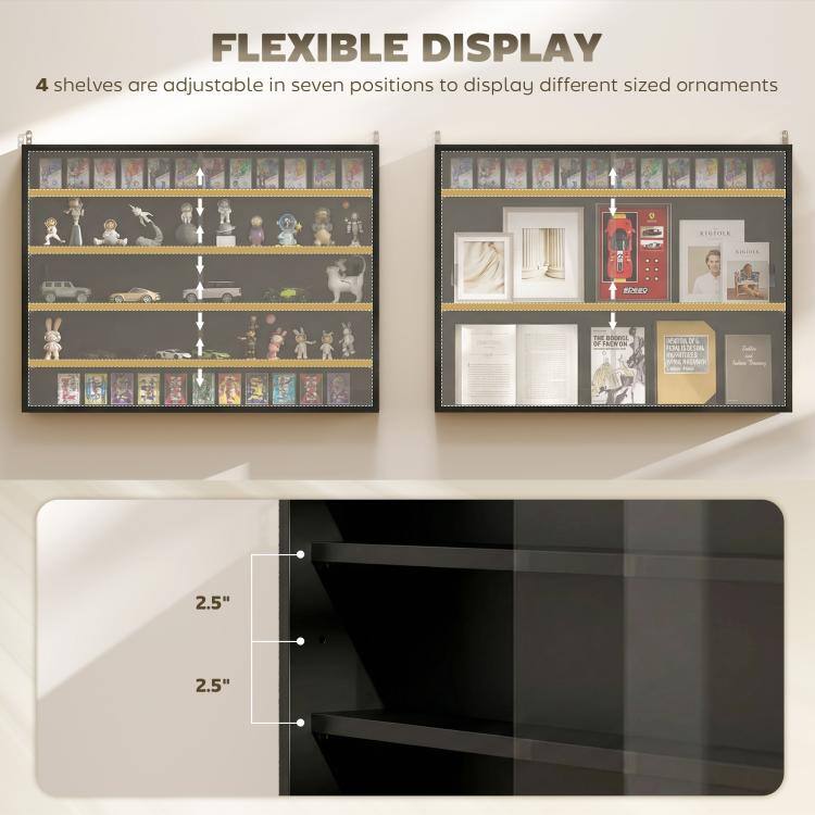 FLEXIBLE DISPLAY  
4 shelves are adjustable in seven positions to display different sized ornaments

OF FAGN ON  
DEATION ON ISDESON MUNITRES  
2.5"  
2.5"