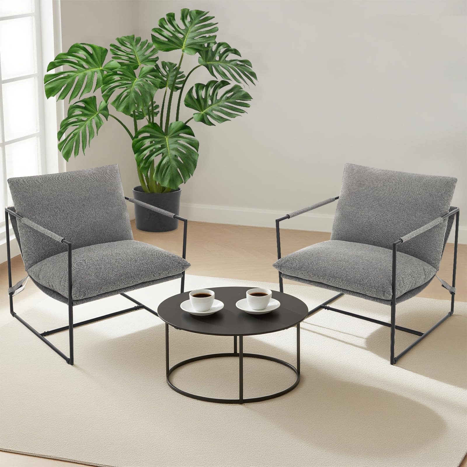 Jojoka - Modern Sling Accent Chair with Metal Frame, Set of 2 Upholstered Oversized Armchair with Shredded Foam Cushion - Linen | Light Gray