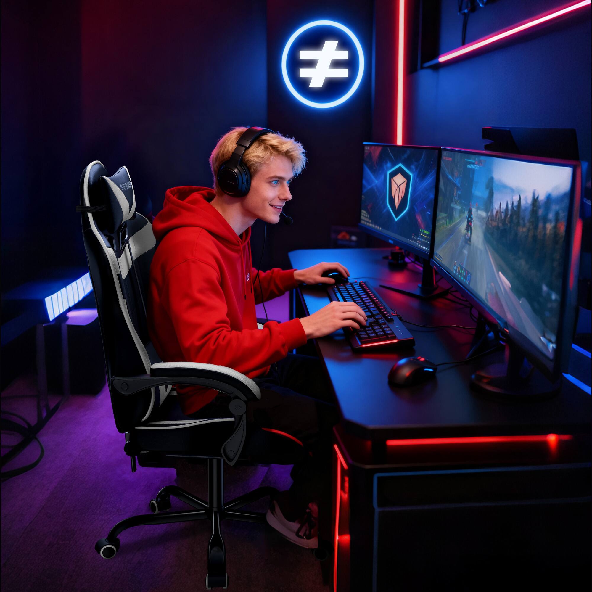 Alt View 8. SEENDA - Gaming Chair with Footrest and Lumbar Support, Ergonomic Computer Chair Height Adjustable - White & Black.