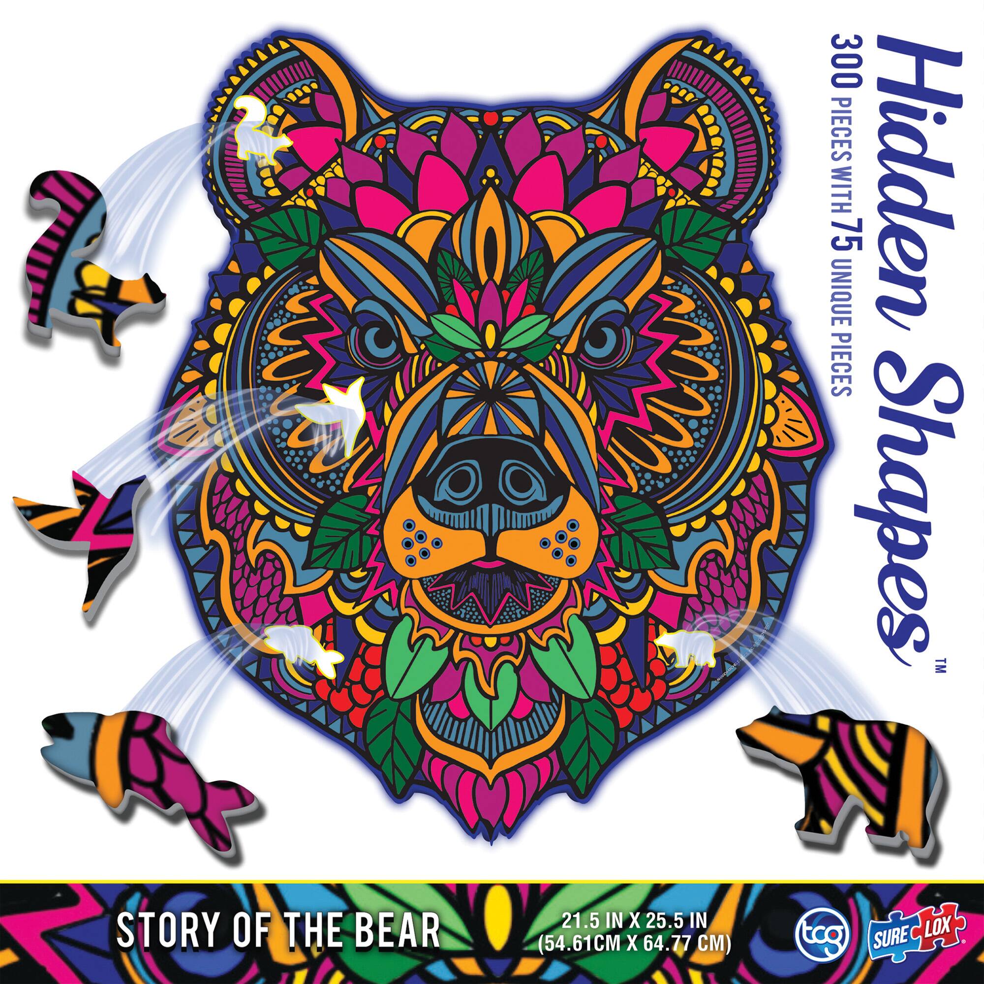 300 Pieces with 75 Unique Hidden Shapes  
Story of the Bear  
21.5 IN x 25.5 IN (54.61 CM x 64.77 CM)  
tco Sure Lox