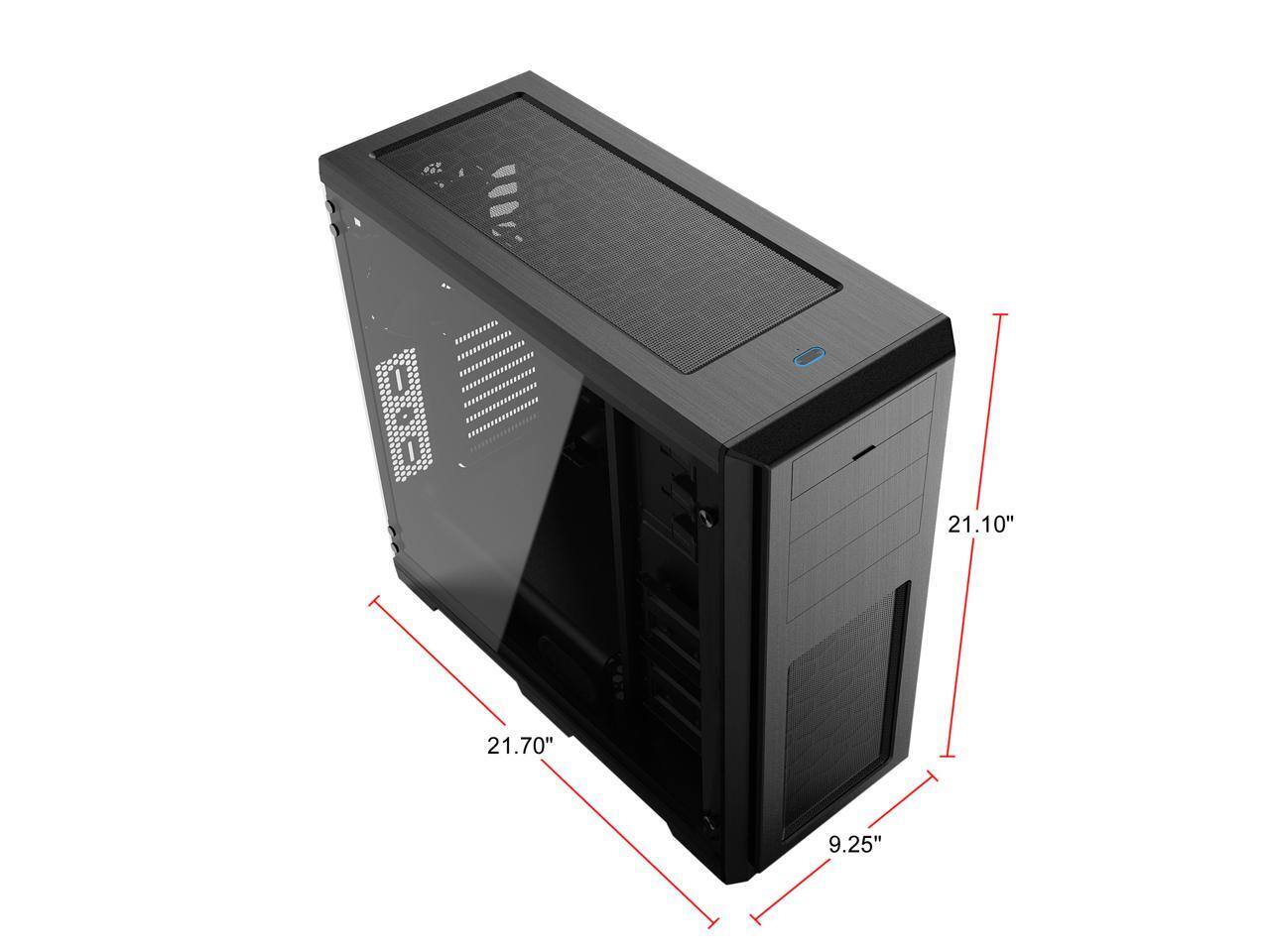 The dimensions of the computer case are:

- Height: 21.10"
- Width: 21.70"
- Depth: 9.25"