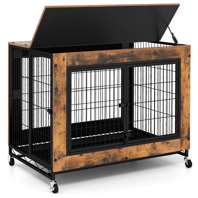 Alt View 4. WELLFOR - Wooden Dog Crate Furniture with Flip-up Top & 3 Lockable Doors, Heavy Duty Dog Cage Dog Kennel with Removable Tray - Rustic Brown.