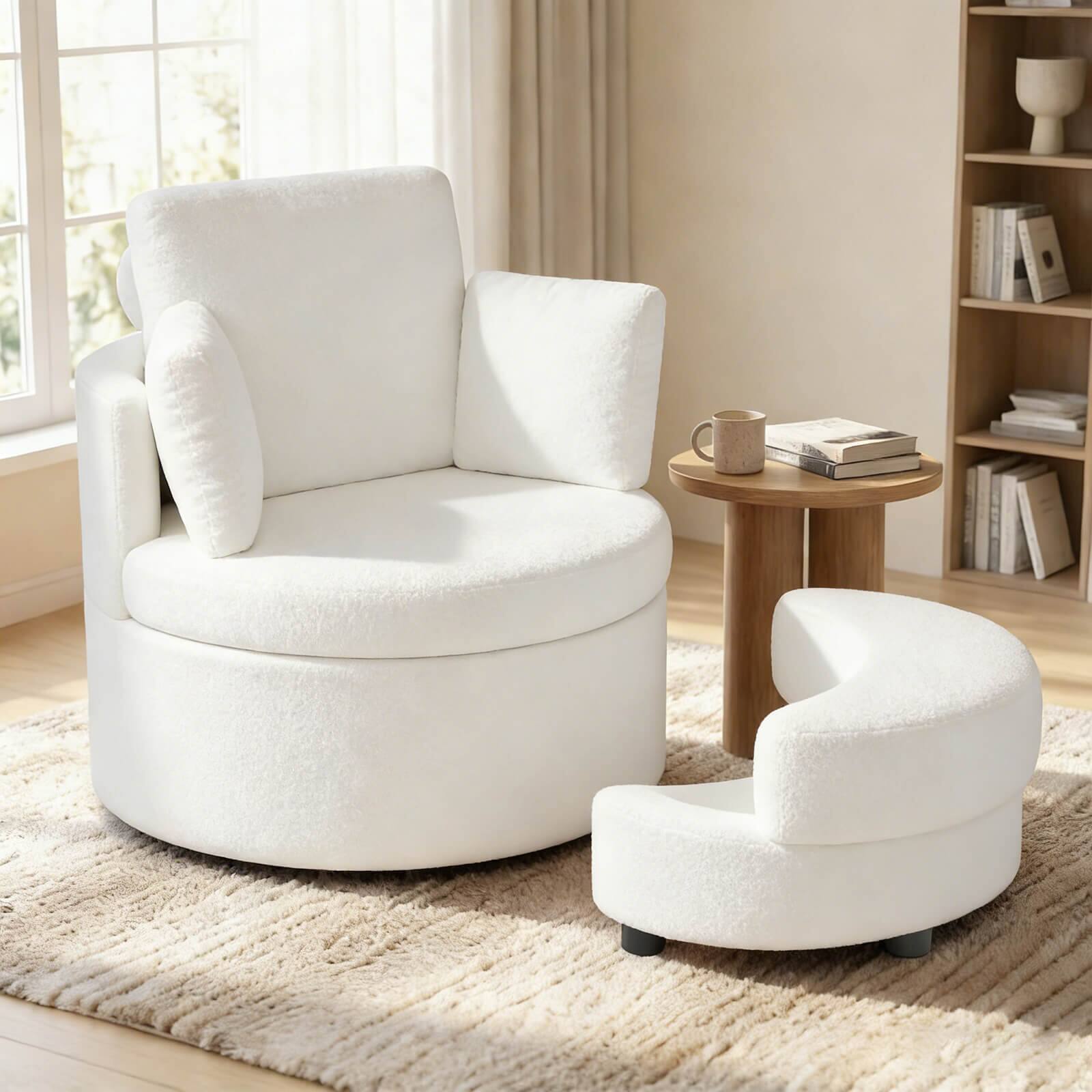 Alt View 4. Costway - Costway 360° Swivel Accent Chair with Half Moon Storage Ottoman 3 Removable Pillows, Office - White.
