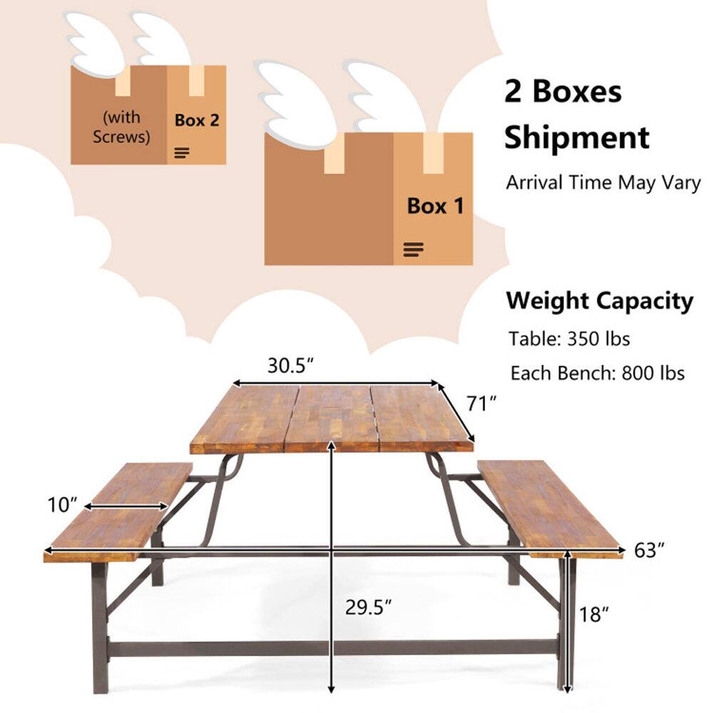 (with Box 2 Screws)  
2 Boxes Shipment  
Arrival Time May Vary  

Box 1  

Weight Capacity  
Table: 350 lbs  
Each Bench: 800 lbs  

Dimensions:  
30.5" x 71" x 63"  
10" x 29.5" x 18"