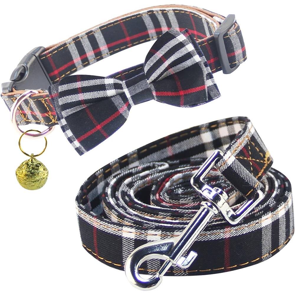 Front. MOSZAR LLC - Plaid Dog Collar and Leash Set with Bow Tie, Adjustable, Small to Large - black-2.