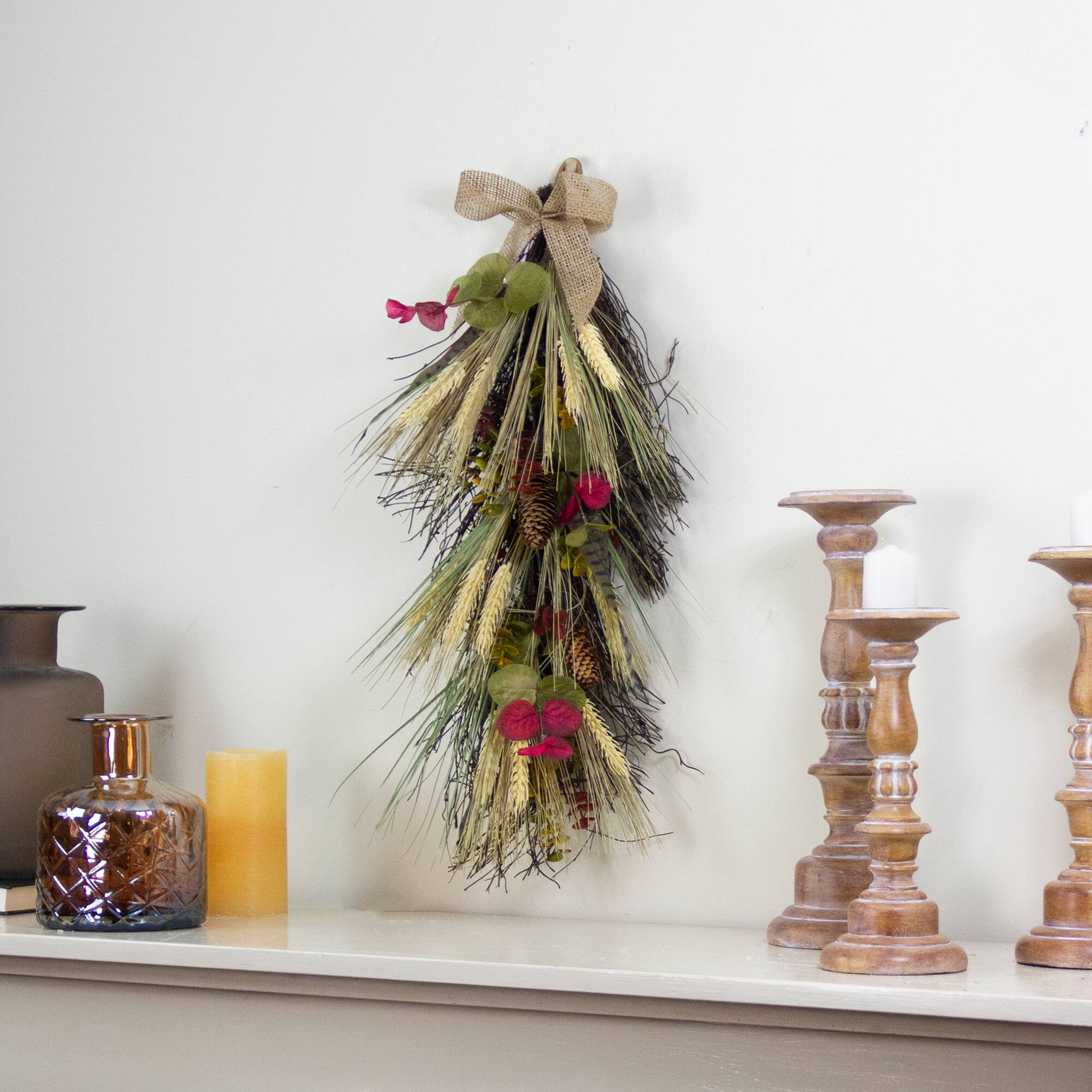 Front. Northlight - Wheat and Pinecone Artificial Fall Harvest Teardrop Swag with Burlap Bow - 24" - Red.