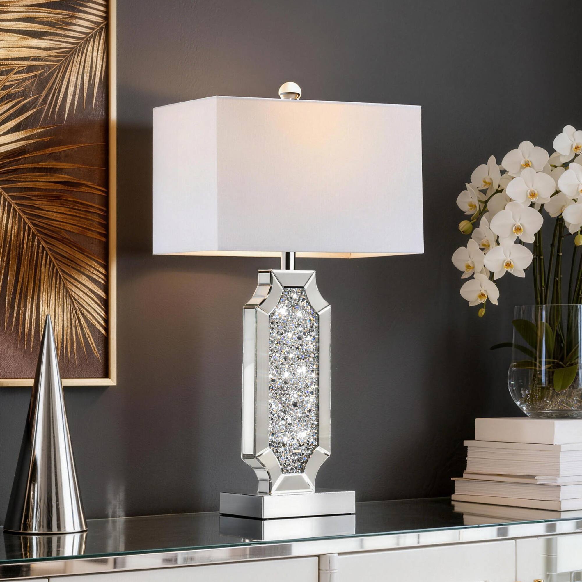 Left. partphoner - 3-Way Dimmable Touch Diamond Crushed Mirrored Bedside Table Lamps - Silver.