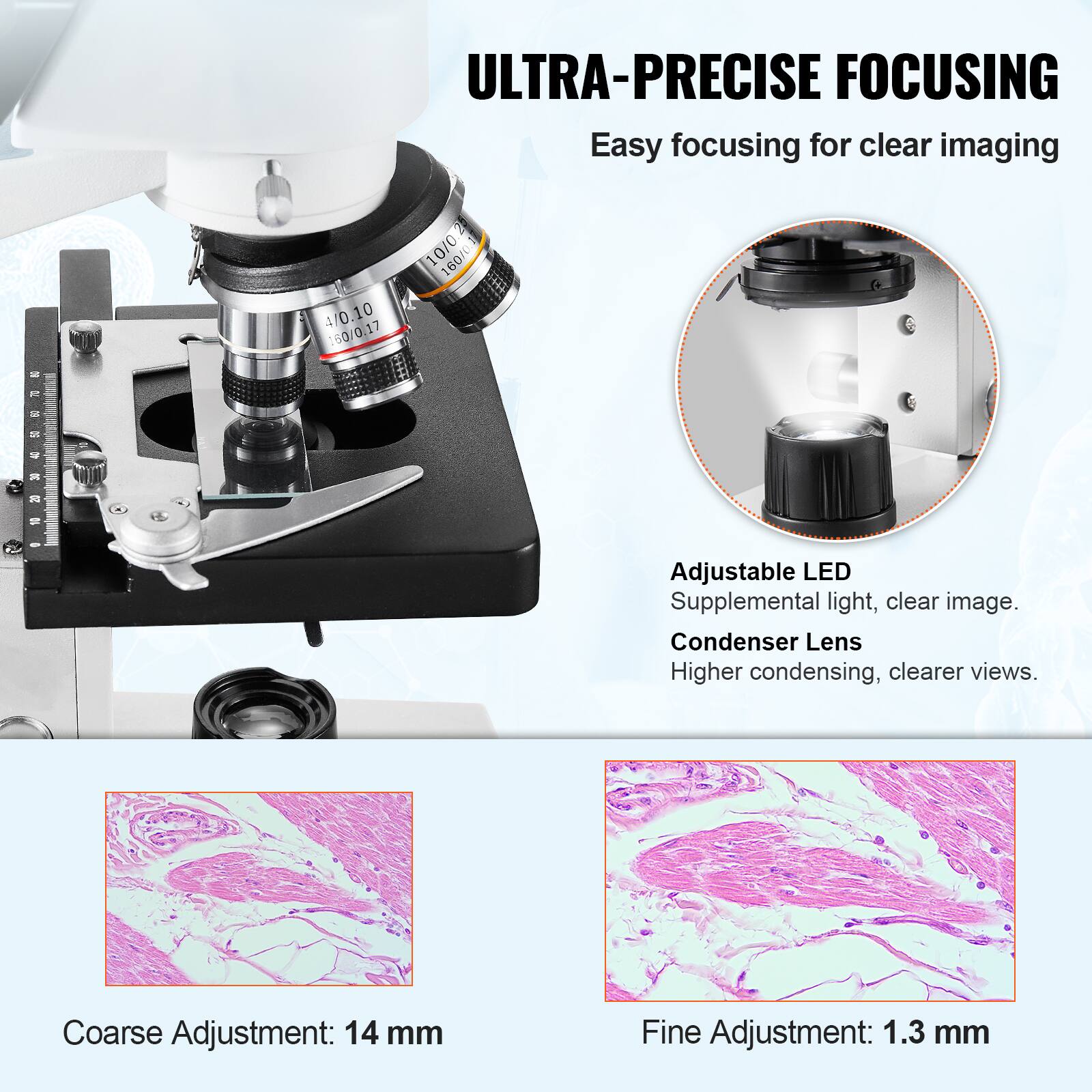 ULTRA-PRECISE FOCUSING Easy focusing for clear imaging - d - an NENSKNG - s 1 D  4/0 4/0.10 10 160 160/0,17 25 10/0 160/0 Adjustable LED Supplemental light, clear image. Condenser Lens Higher condensing, clearer views. Coarse Adjustment: 14 mm Fine Adjustment: 1.3 mm
