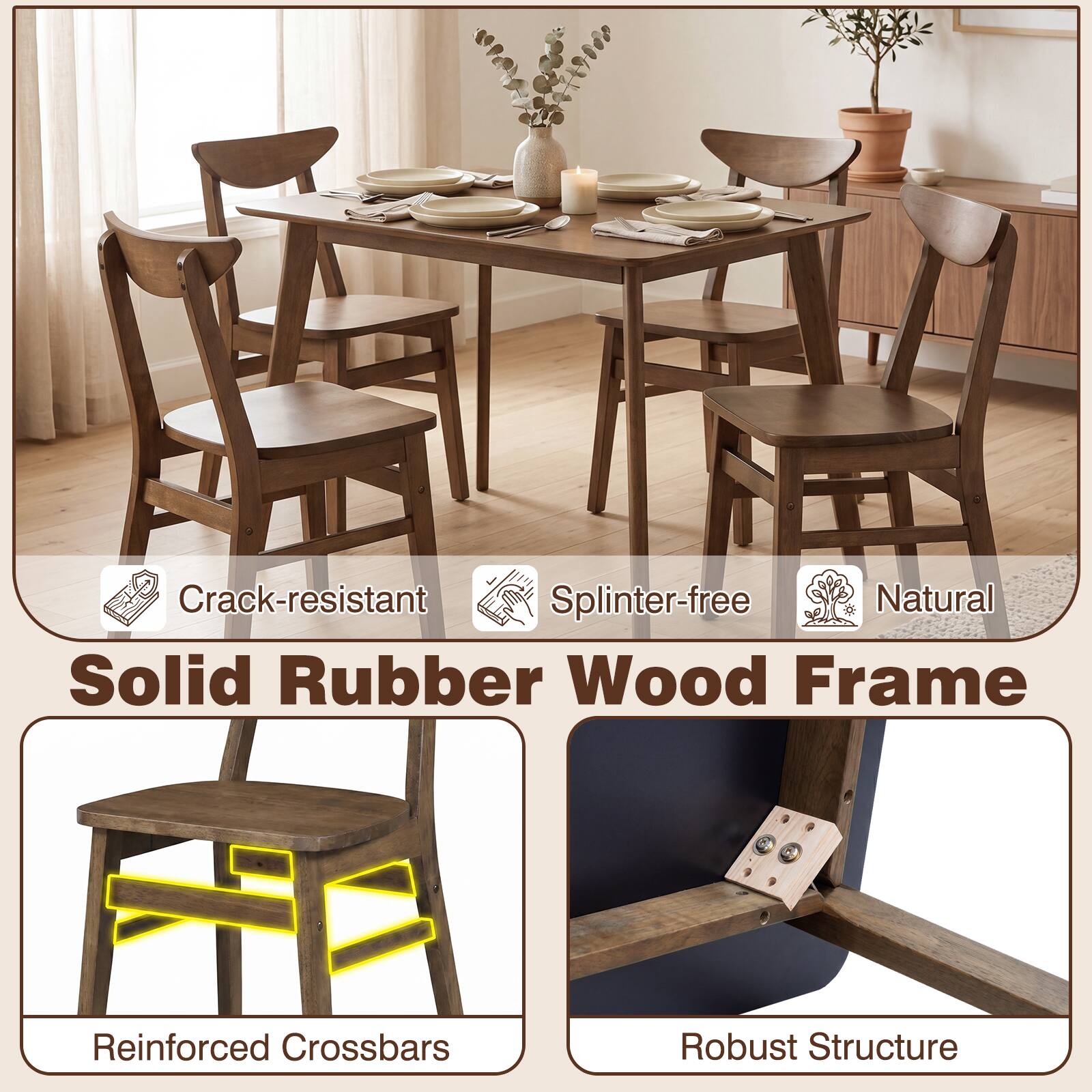 Crack-resistant, Splinter-free, Natural Solid Rubber Wood Frame Reinforced Crossbars Robust Structure