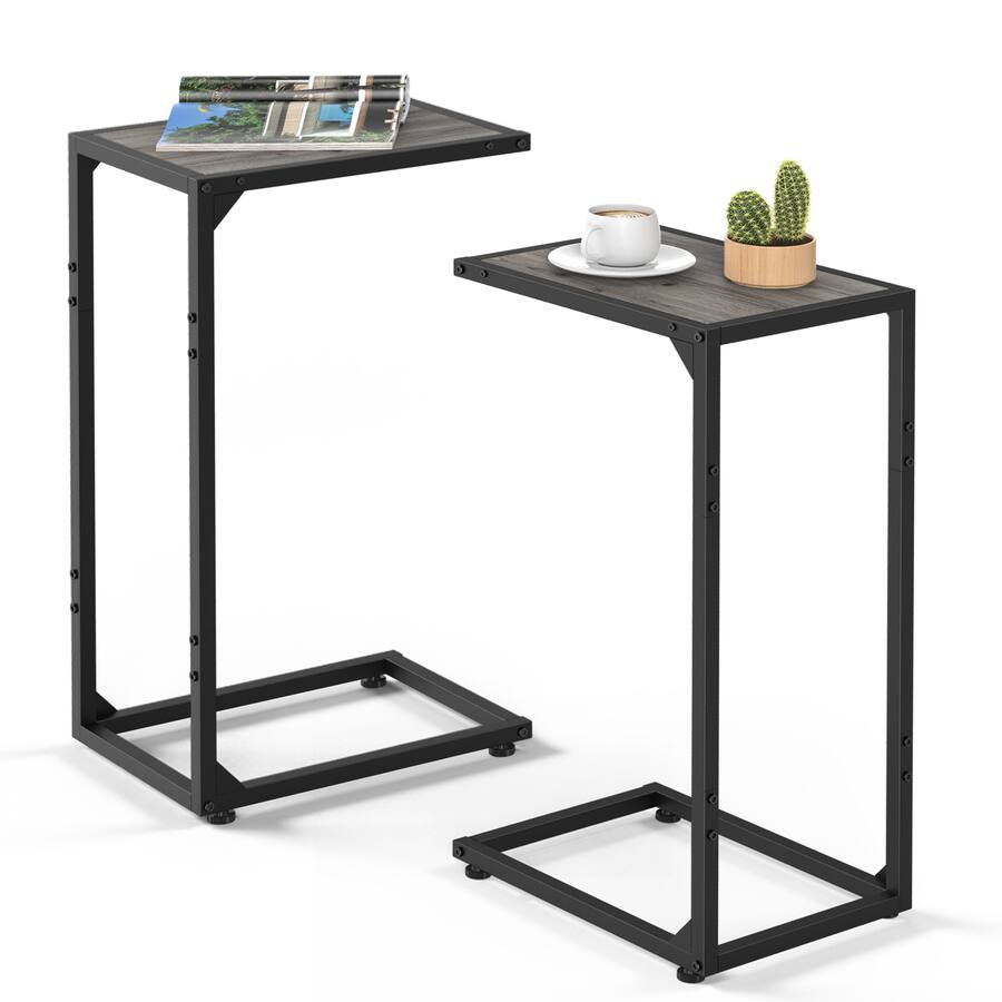 Table Frame Construction Oumilen Set of 2 C Shaped Side Tables, Grey Wash Wood Top with Black ...