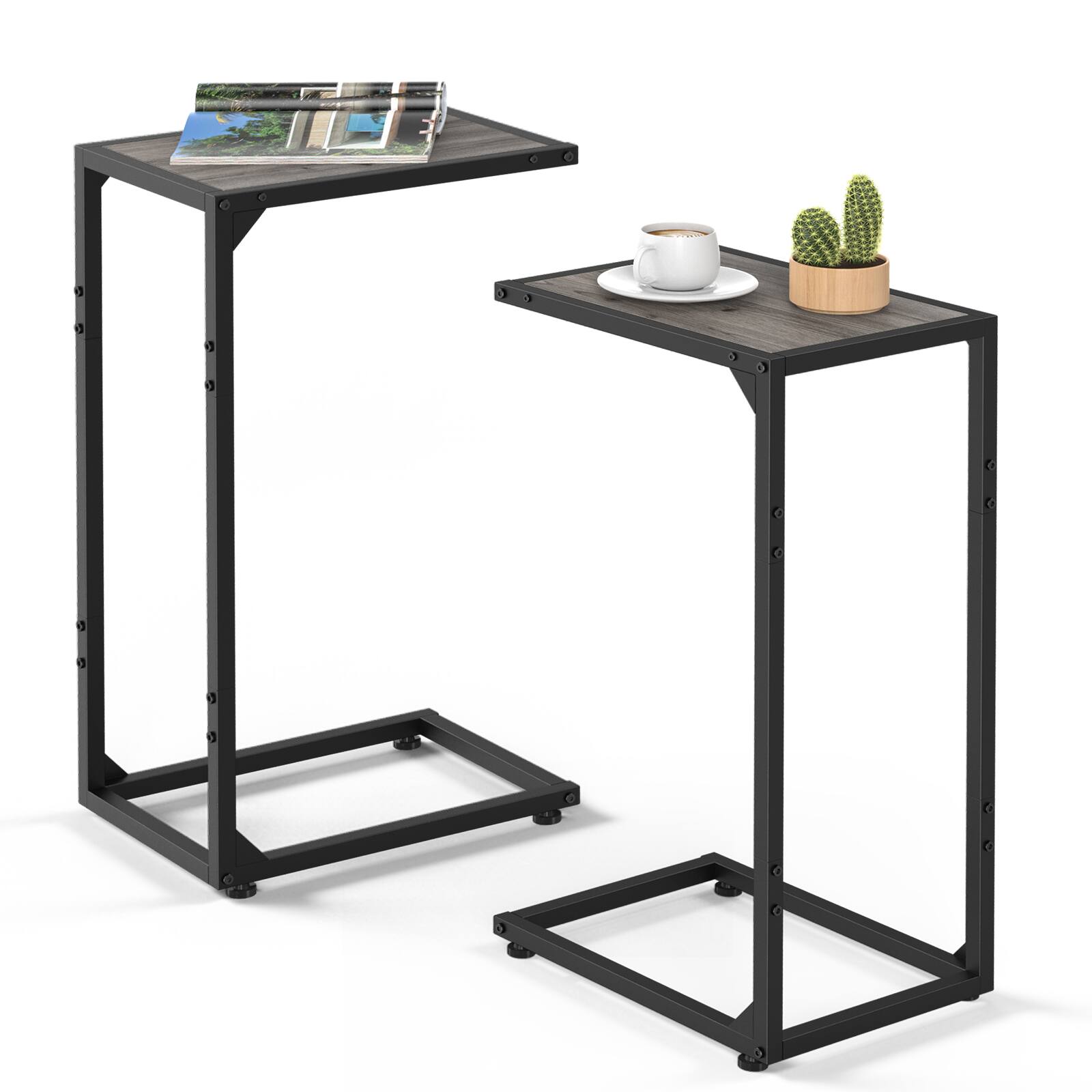 Alt View 1. Oumilen - Set of 2 C-Shaped Side Tables, Grey Wash Wood Top with Black Sanded Metal Frame, EPA Certified - Gray.