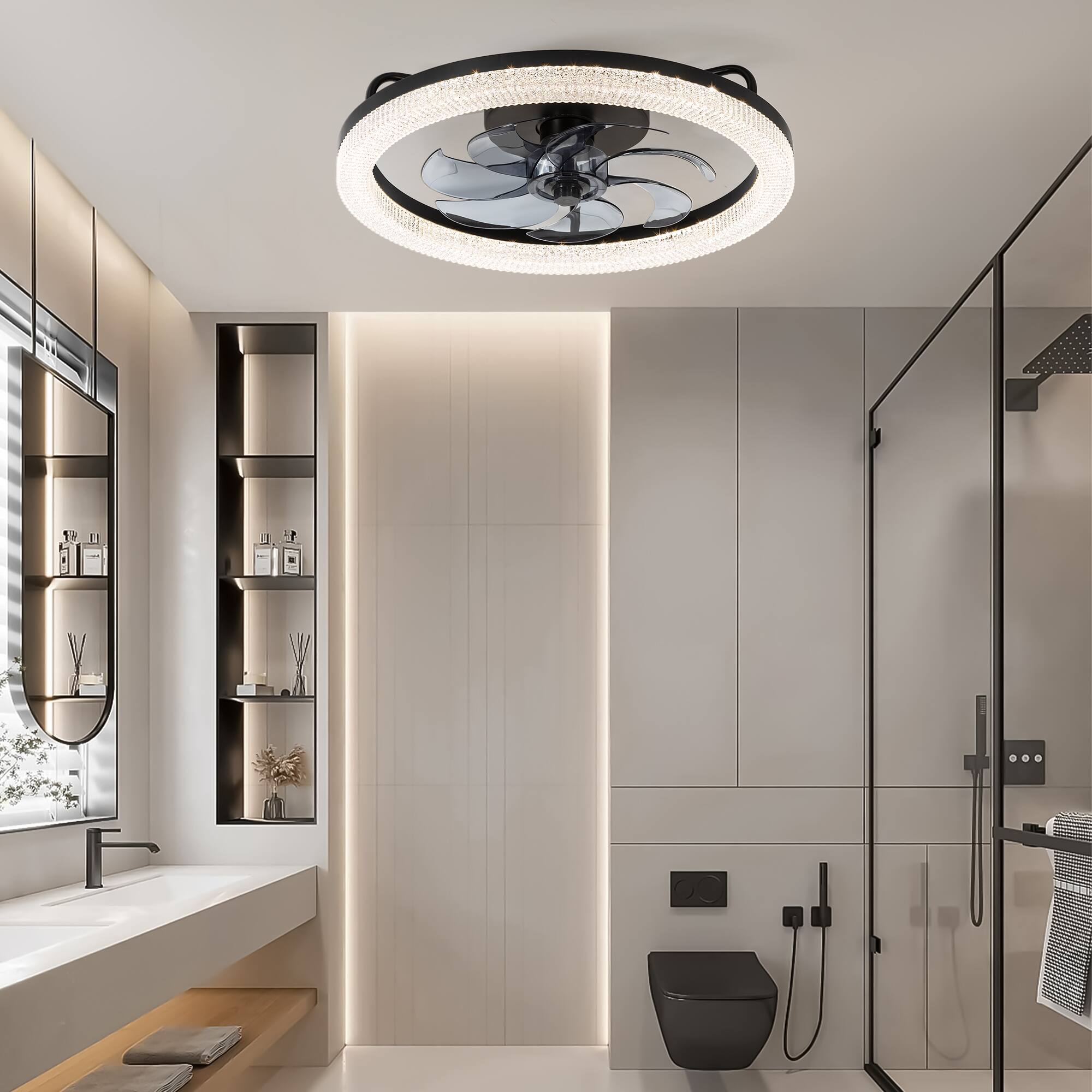 Alt View 1. Breezary - 20" Flush Mount Ceiling Fan with LED Light, 7 PC Blades, 6-Speed DC Motor, Remote Control with Memory Function - Matte Black.