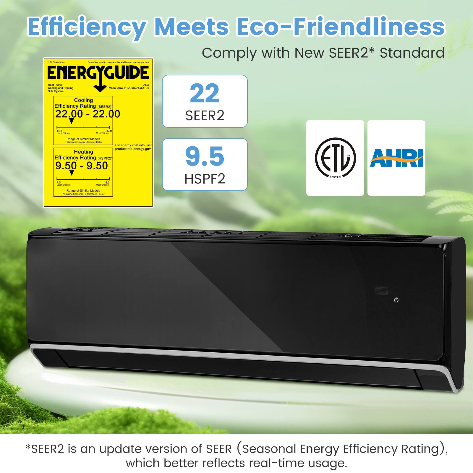 Efficiency Meets Eco-Friendliness
Comply with New SEER2* Standard

ENERGYGUIDE
Cooling 22 Efficiency Rating (SEER2 22.00 - 22.00)
Heating Efficiency Rating (HSPF2 9.50 - 9.50)

*SEER2 is an update version of SEER (Seasonal Energy Efficiency Rating), which better reflects real-time usage.