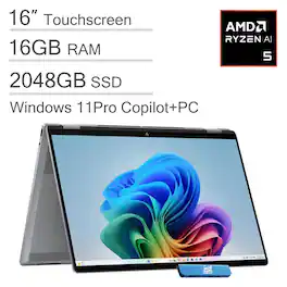 HP - OmniBook X Flip 2-in-1 Copilot+ PC 16" FHD+ Touchscreen Laptop - AMD Ryzen AI 5 340 2025 - 16GB RAM - 2TB SSD - Win11Pro - Meteor Silver