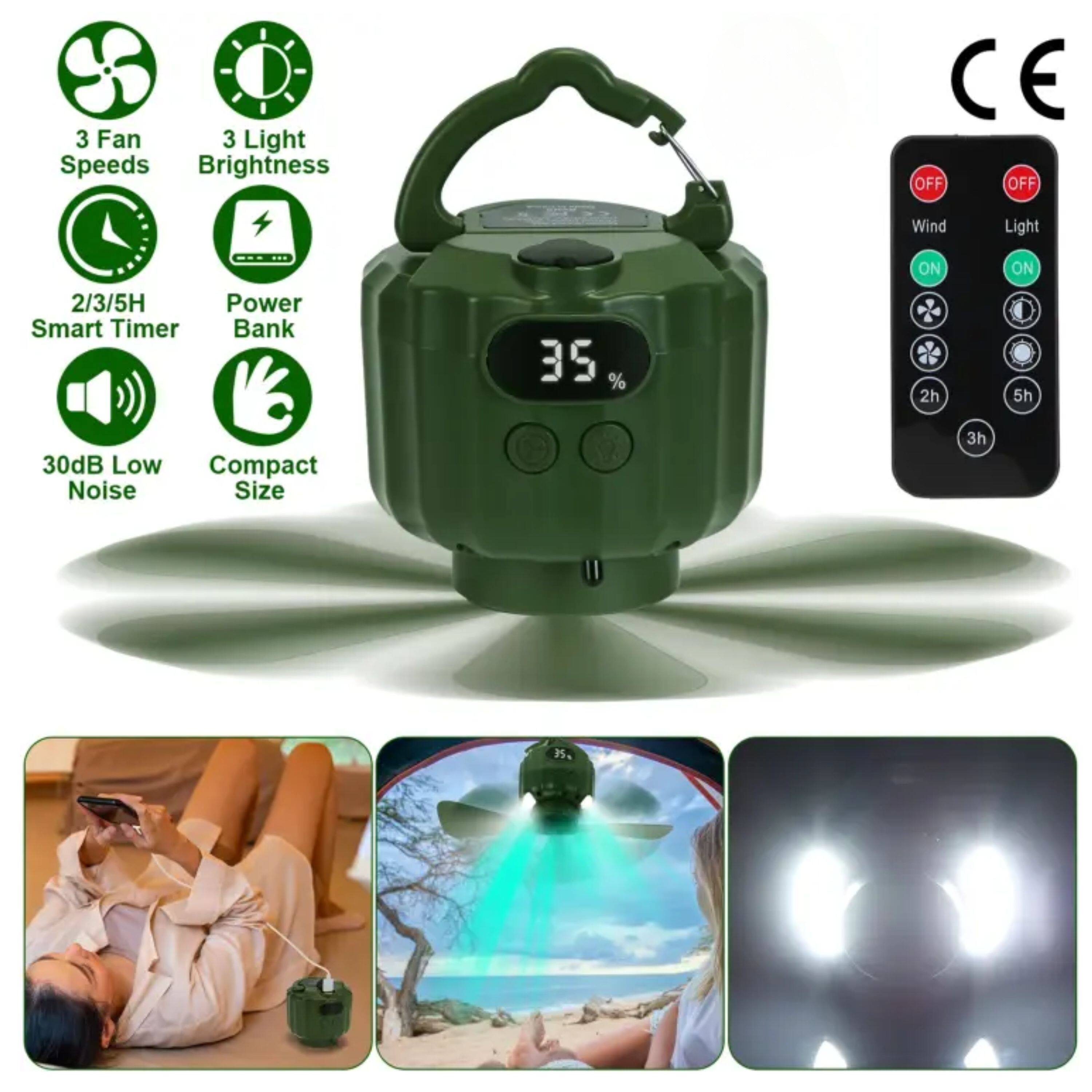 3 Fan Speeds  
3 Light Brightness  
2/3/5H Smart Timer  
Power Bank  
30dB Low Noise  
Compact Size  

CE  

OFF Wind  
OFF Light  

ON  
ON  

2h  
5h  
3h  

35%