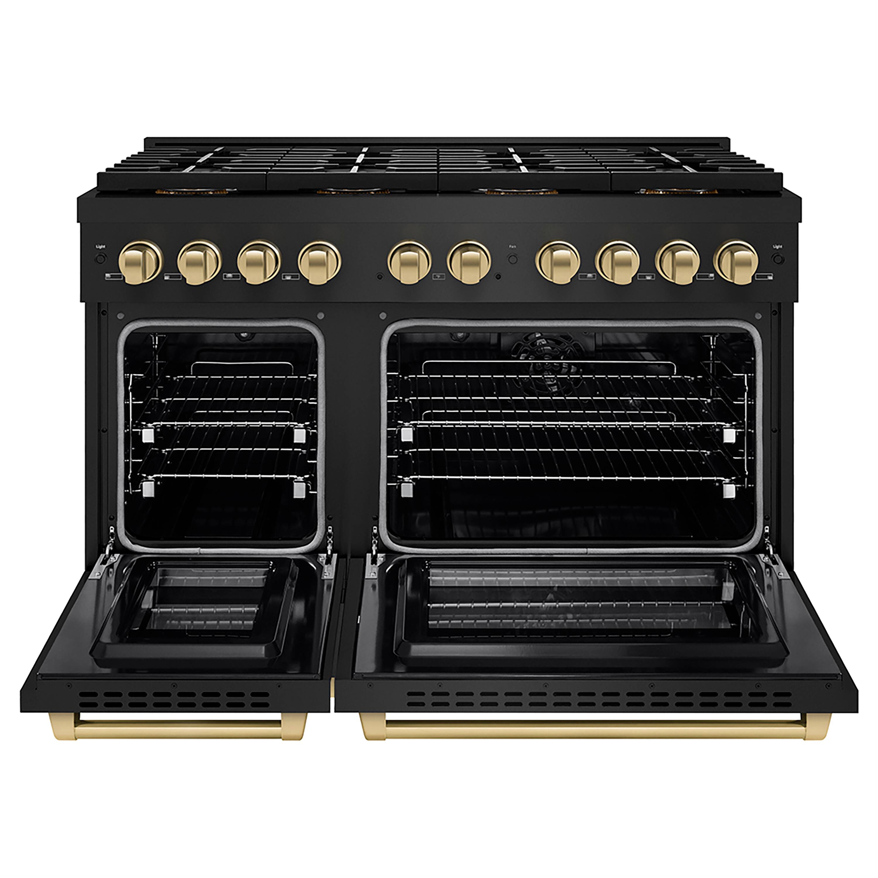 Angle. ZLINE - ZLINE Autograph 48 in. Black Stainless Paramount Dual Fuel Range w/ DuoPro Cooktop & Bronze Accents (PSDRBZ-48-CB) - Black Stainless Steel.