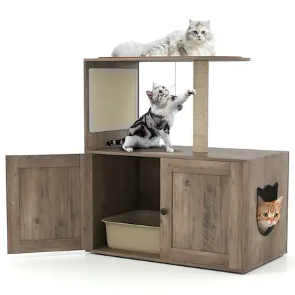 Front. Kadyn - 34.5-Inch Cat Tree with Litter Box Enclosure and Sisal Scratching Post, Gray - Gray.