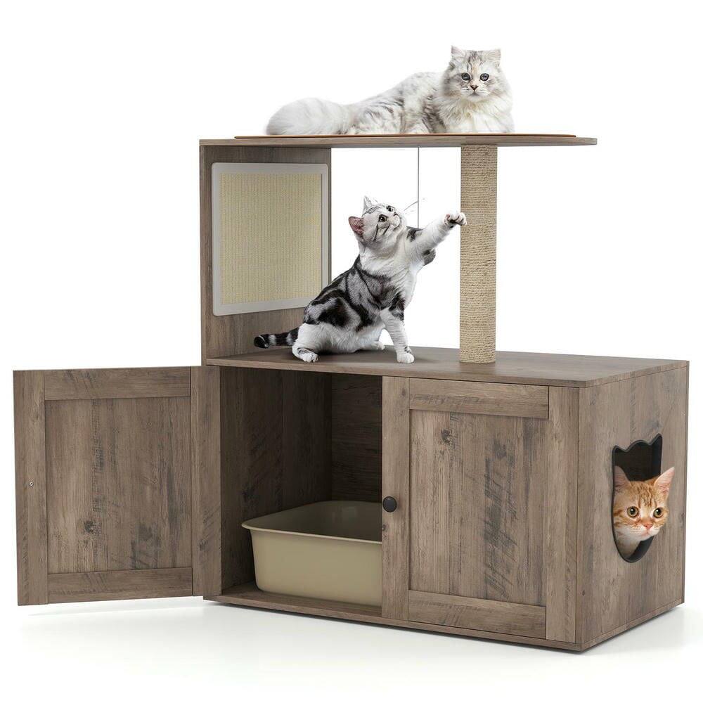 Front. Kadyn - 34.5-Inch Cat Tree with Litter Box Enclosure and Sisal Scratching Post, Gray - Gray.