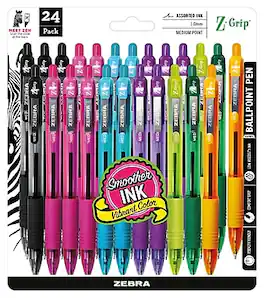 Zebra - Z-Grip Retractable Ballpoint Pen, Medium Point, 1.0mm, 24 Pack - Assorted Ink