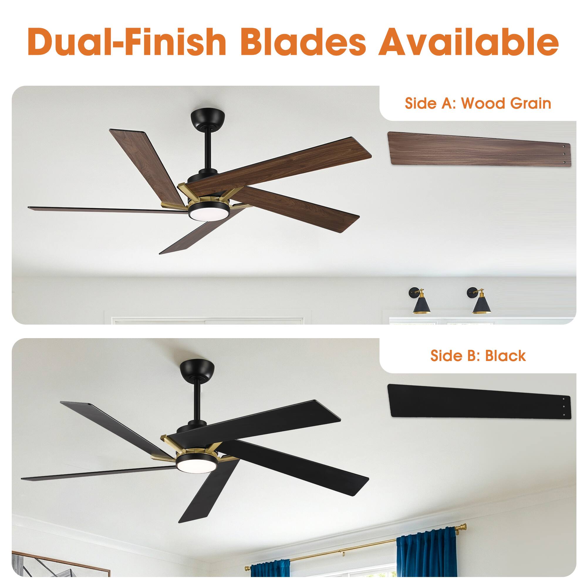 Dual-Finish Blades Available  
Side A: Wood Grain  
Side B: Black