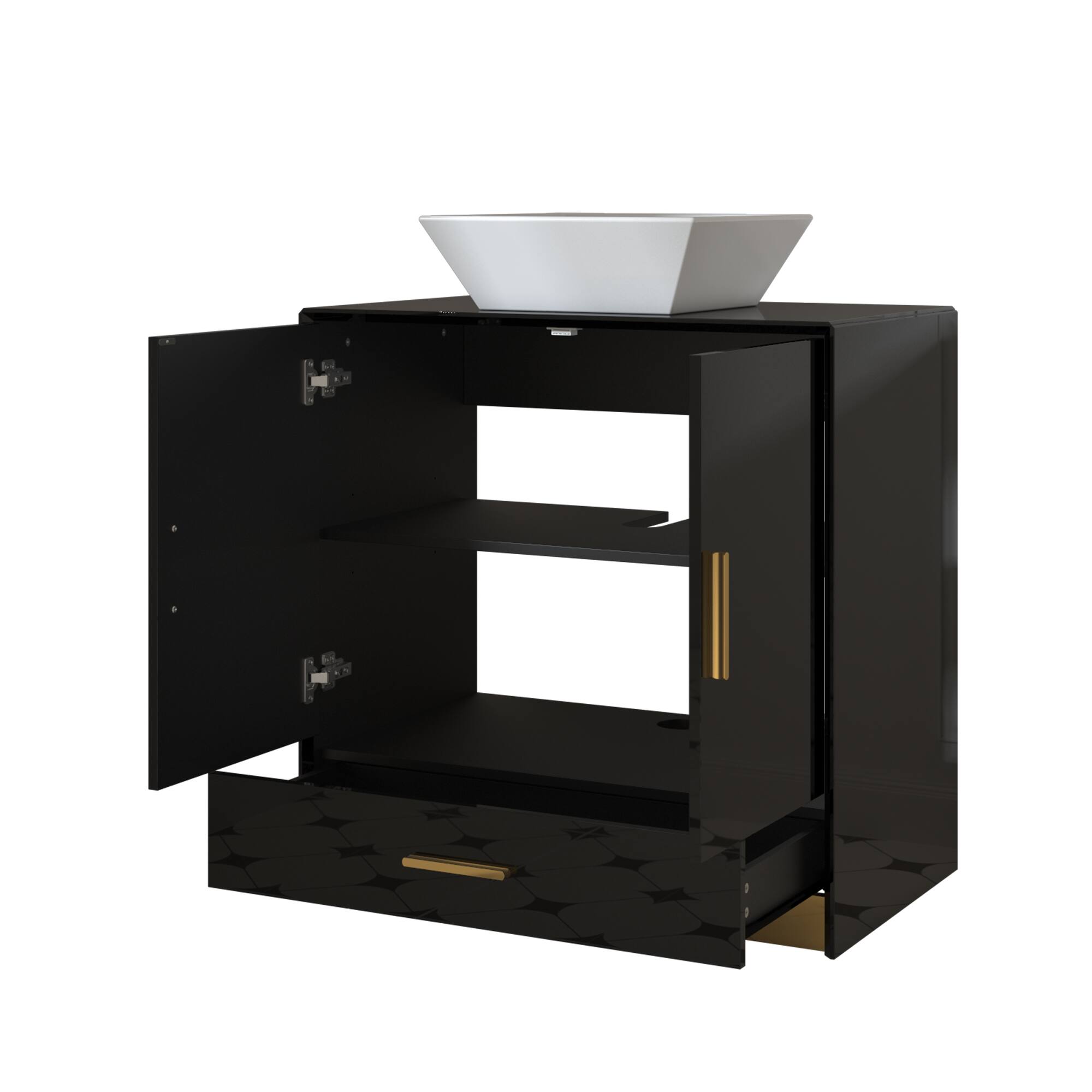 Alt View 10. Famapy - Bathroom Vanity with Ceramic Basin – High Gloss Storage Cabinet with Drawer, Modern Luxury Sink Unit - White & Black.