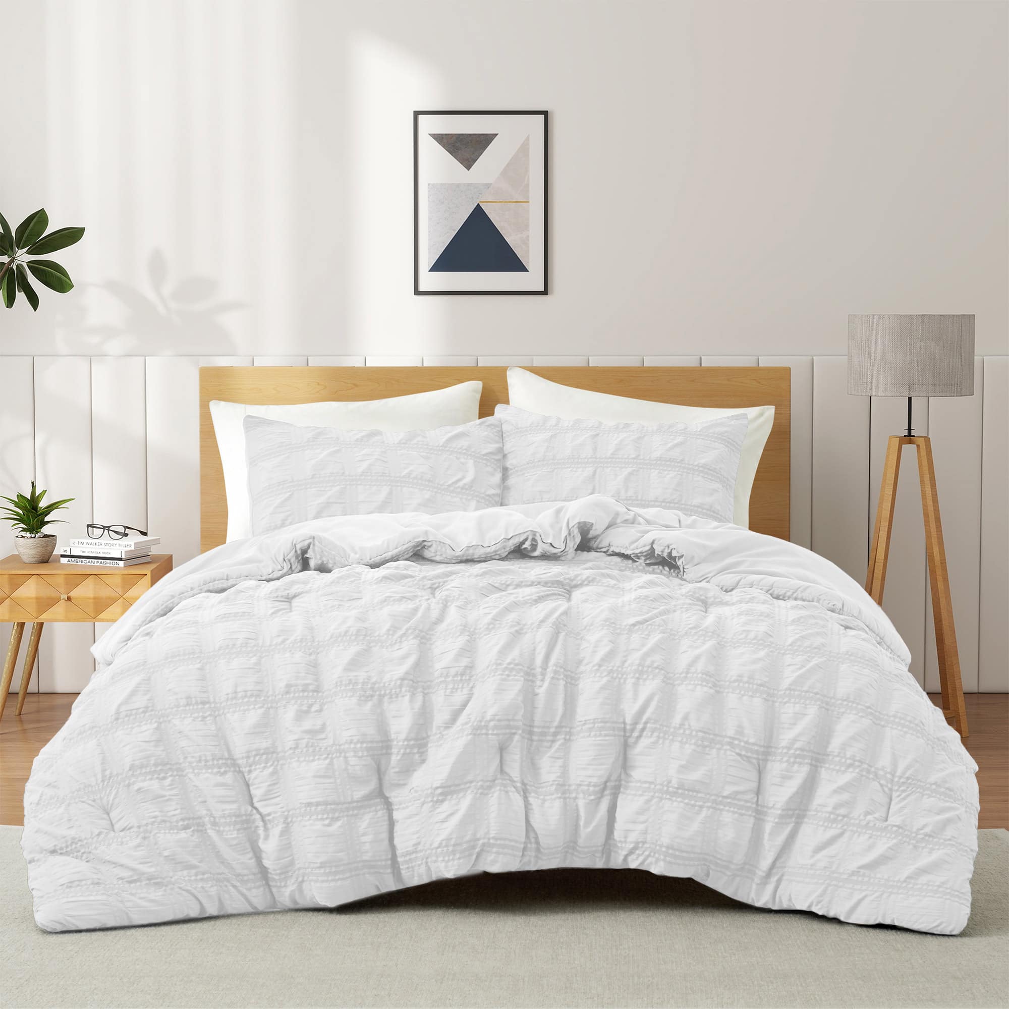 Peace Nest - 3 Piece Seersucker Bubble Ruffled Chic Comforter Set - White