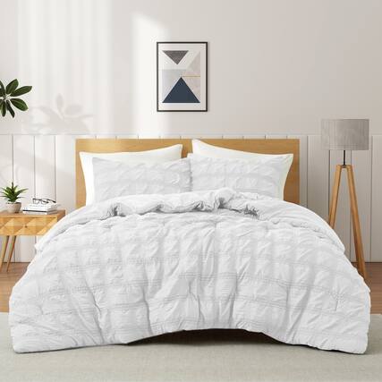 Front. Peace Nest - Peace Nest 3 Piece Seersucker Bubble Ruffled Chic Comforter Set - White.