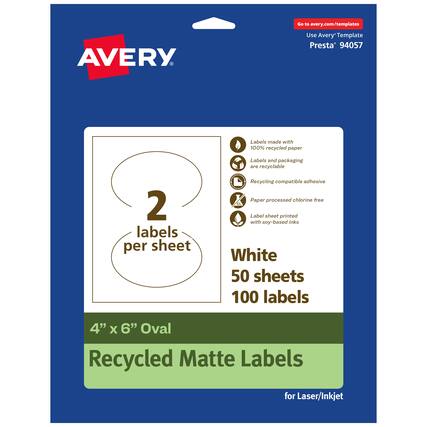 Go to avery.com/templates
AVERY
Use Avery Template Presta* 94057
Labels made with 100% recycled paper
Labels and packaging are recyclable
Recycling compatible adhesive
Paper processed chlorine free
Label sheet printed with soy-based inks
2 labels per sheet
White
50 sheets
100 labels
4" x 6" Oval
Recycled Matte Labels
for Laser/Inkjet