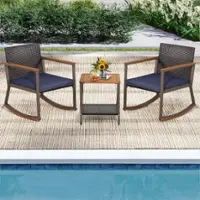 Costway 3 PCS Patio Rattan Rocking Chair Bistro Set Armrest Cushion Table with Storage Shelf - Navy - Front_Zoom