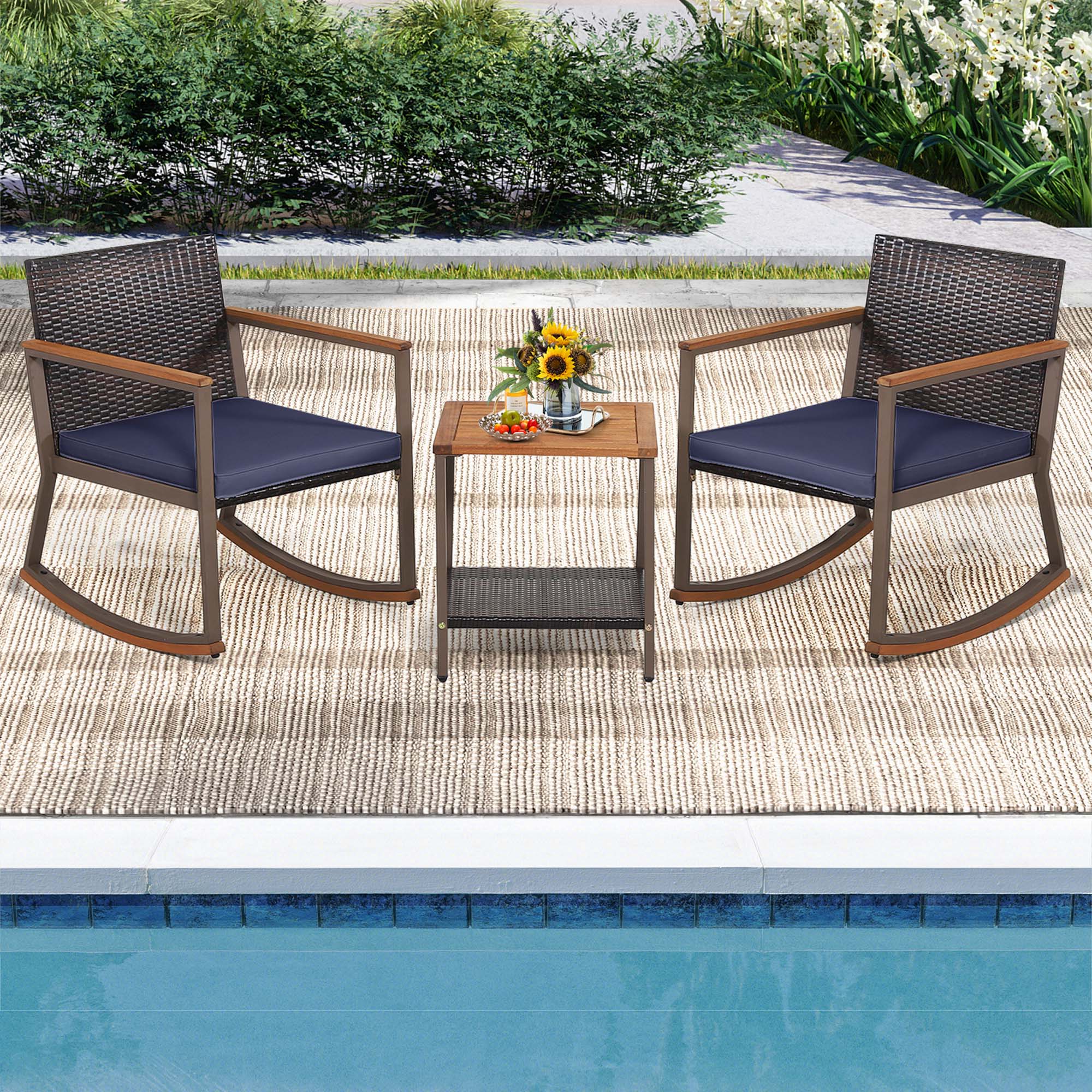 Alt View 1. Costway - 3 PCS Patio Rattan Rocking Chair Bistro Set Armrest Cushion Table with Storage Shelf - Navy.