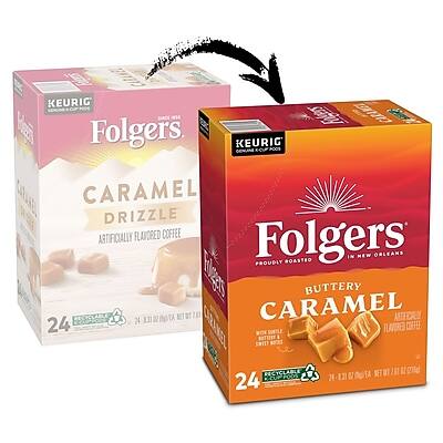 KEURIG K-CUP Folgers Caramel Drizzle  
Artificially Flavored Coffee  
Folgers Proudly Roasted in New Orleans  
24 K-Cups  
Net Wt. 71g (2.5 oz)  

KEURIG K-CUP Folgers Buttery Caramel  
Artificially Flavored Coffee  
Folgers Proudly Roasted in New Orleans  
24 K-Cups  
Net Wt. 71g (2.5 oz)